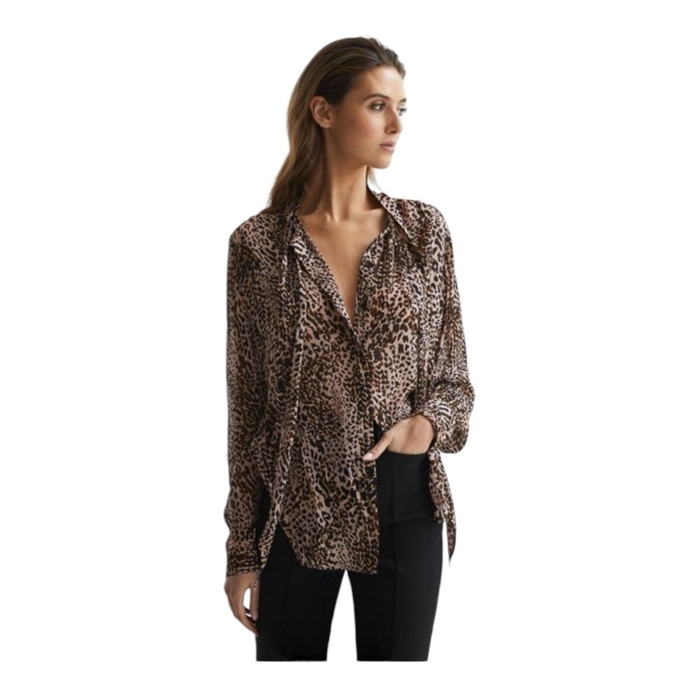 Reiss Tora Animal Print Neck Tie Blouse NWOT